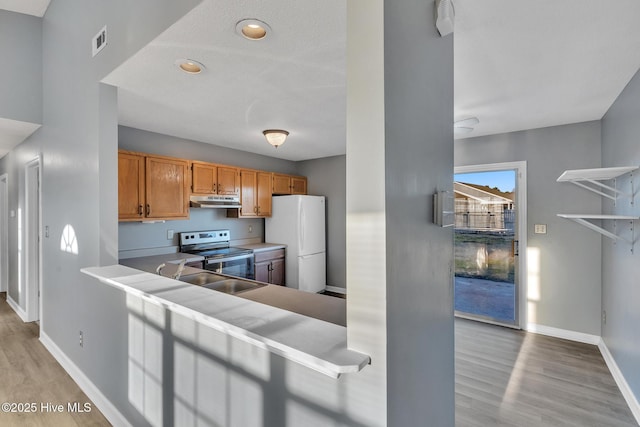 kitchen with white fridge, light hardwood / wood-style floors, electric range, and sink