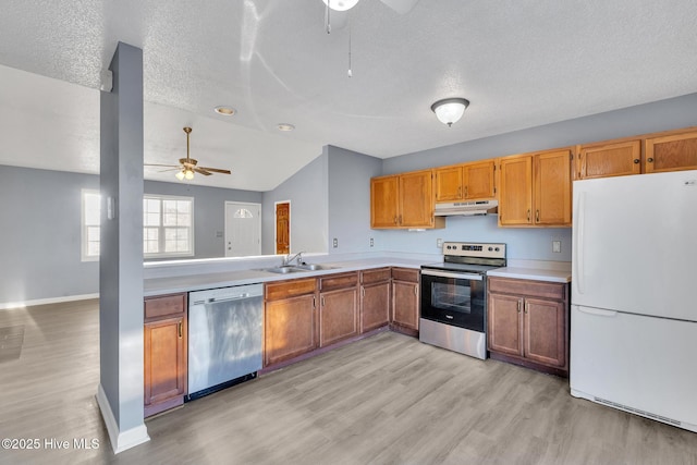 kitchen with lofted ceiling, stainless steel appliances, light hardwood / wood-style floors, sink, and ceiling fan