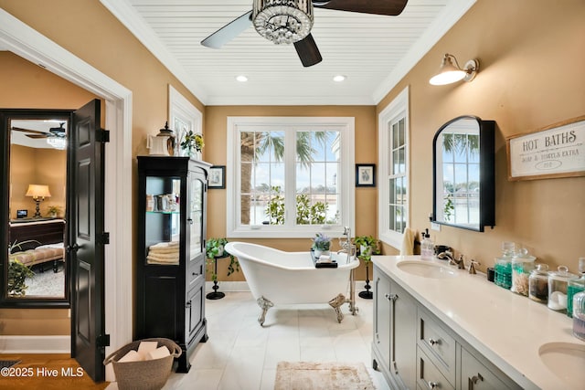 bathroom with wood ceiling, vanity, and a bathing tub