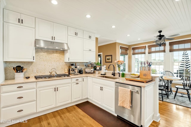 kitchen featuring kitchen peninsula, appliances with stainless steel finishes, white cabinets, and sink