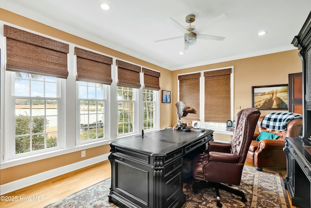 office with ceiling fan, light hardwood / wood-style floors, and crown molding