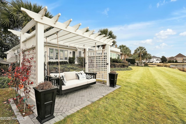 view of yard with a pergola, a patio, and outdoor lounge area