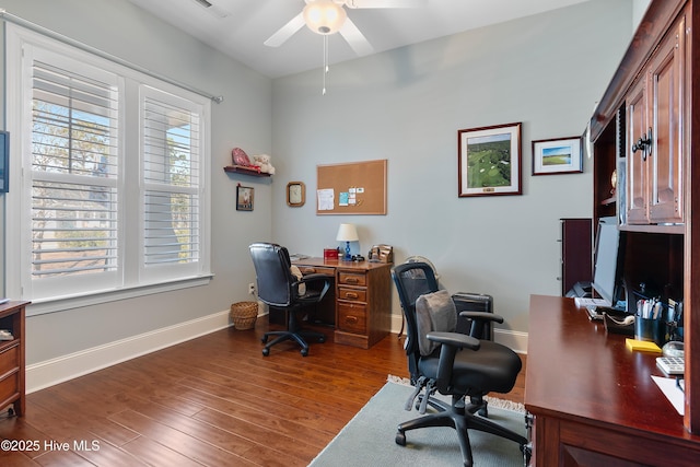 home office featuring dark hardwood / wood-style floors and ceiling fan