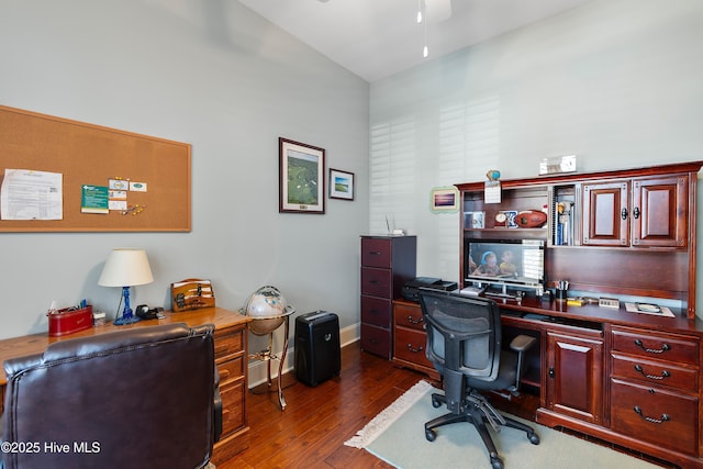 office area with dark hardwood / wood-style floors and ceiling fan