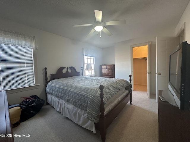 bedroom featuring a closet, carpet, a walk in closet, and a ceiling fan