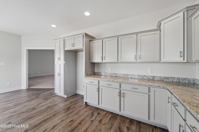 kitchen with light stone countertops, a textured ceiling, and dark hardwood / wood-style flooring