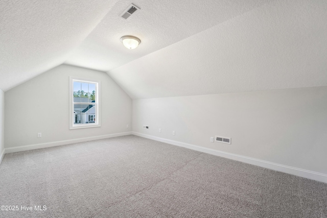 additional living space with vaulted ceiling, a textured ceiling, and carpet