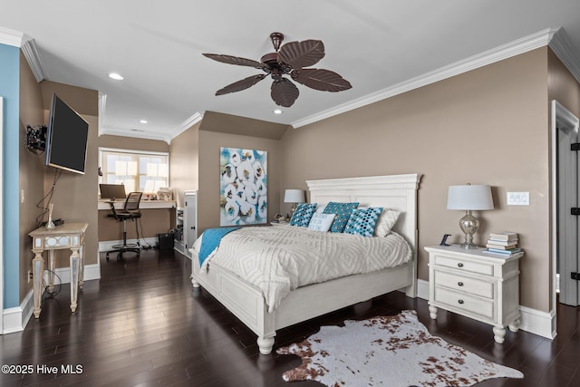 bedroom featuring dark wood-type flooring, ceiling fan, and ornamental molding