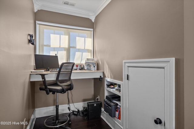 home office featuring ornamental molding and dark hardwood / wood-style floors