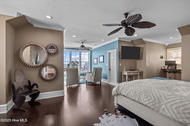 bedroom with crown molding, dark hardwood / wood-style floors, and ceiling fan