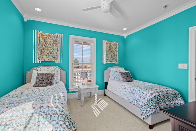 bedroom featuring crown molding, light carpet, and ceiling fan