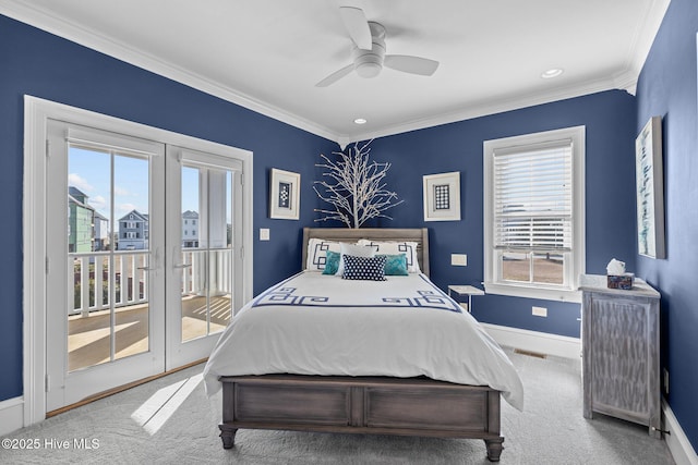 carpeted bedroom with crown molding, ceiling fan, french doors, and access to outside