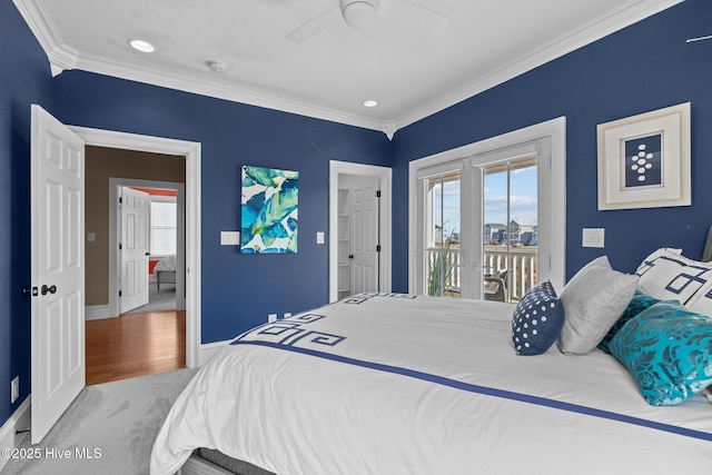 bedroom featuring crown molding, access to outside, ceiling fan, and light wood-type flooring