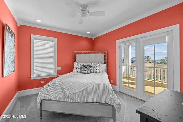 carpeted bedroom with ornamental molding, access to outside, ceiling fan, and french doors