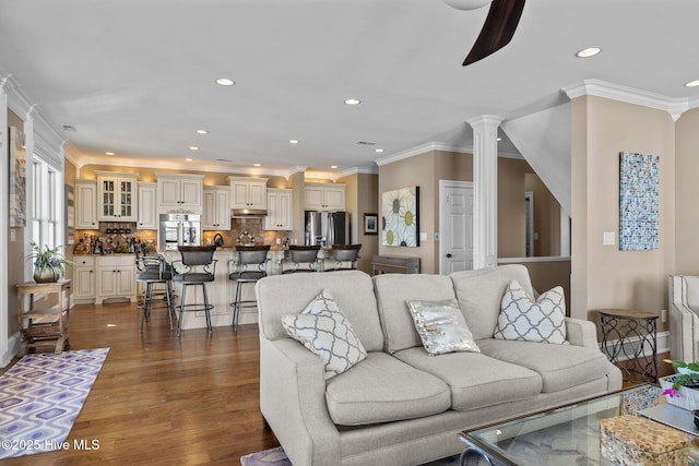 living room with ornate columns, crown molding, and dark hardwood / wood-style floors