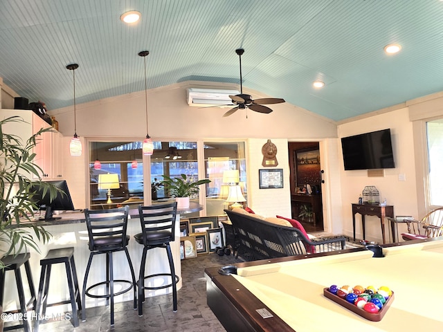 game room featuring vaulted ceiling and ceiling fan