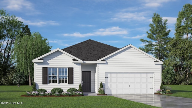 ranch-style house featuring a front lawn and a garage