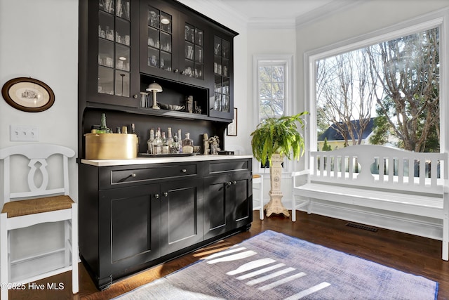 bar featuring dark hardwood / wood-style flooring and ornamental molding