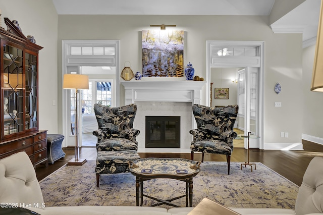 living room featuring dark hardwood / wood-style floors and a fireplace