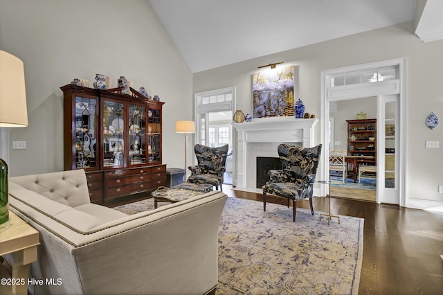 living room featuring high vaulted ceiling and dark hardwood / wood-style floors