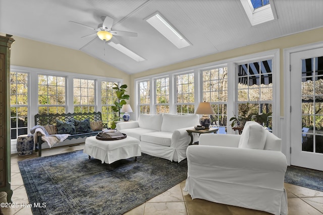 sunroom / solarium with ceiling fan and vaulted ceiling