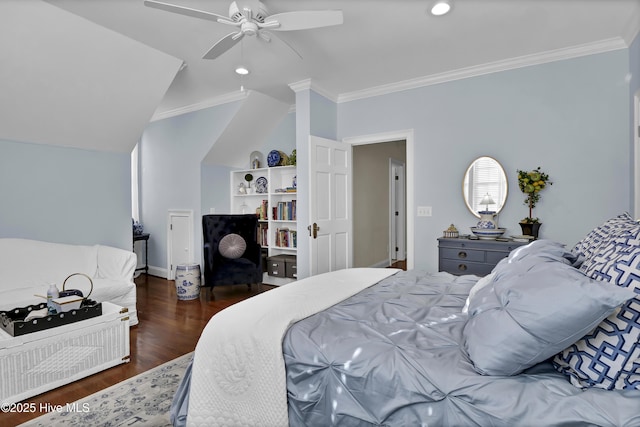 bedroom featuring vaulted ceiling, ceiling fan, ornamental molding, and dark hardwood / wood-style floors