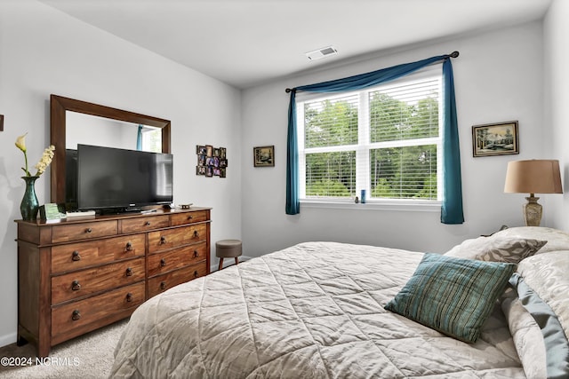 bedroom with light carpet