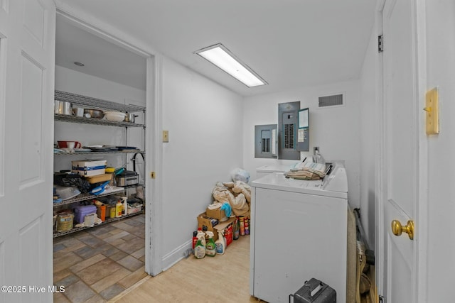 laundry room featuring electric panel and washer and dryer