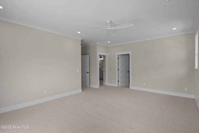 629 Vale Dr, Wilmington, NC 28411 - spare room featuring ornamental molding, recessed lighting, a ceiling fan, baseboards, and light carpet