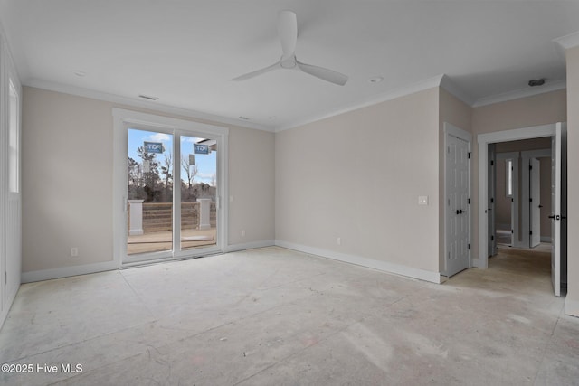 unfurnished room featuring crown molding, visible vents, ceiling fan, and baseboards
