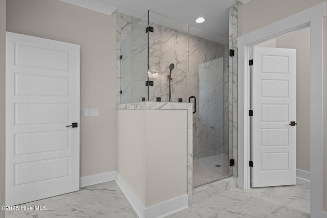 629 Vale Dr, Wilmington, NC 28411 - bathroom with marble look tiles, baseboards, a marble finish shower, and recessed lighting