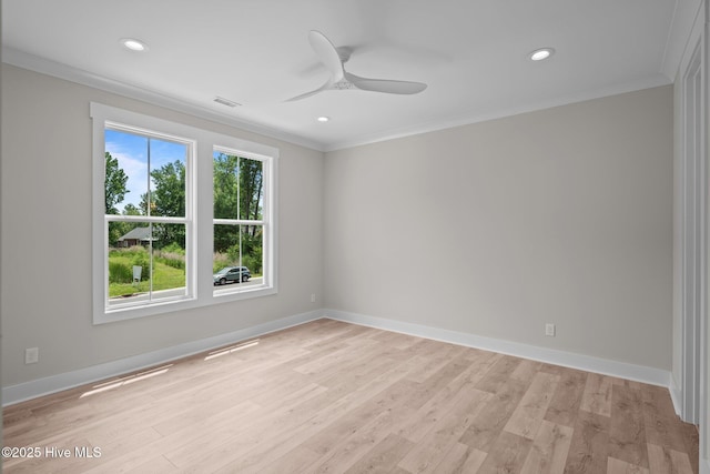 629 Vale Dr, Wilmington, NC 28411 - unfurnished room with crown molding, light wood-style floors, baseboards, a ceiling fan, and recessed lighting