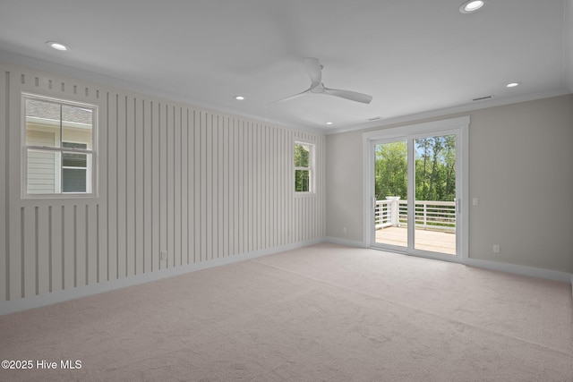 629 Vale Dr, Wilmington, NC 28411 - carpeted spare room with recessed lighting, ornamental molding, baseboards, and ceiling fan