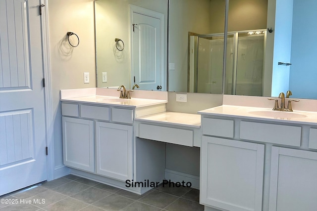 bathroom with tile patterned flooring, vanity, and a shower with door