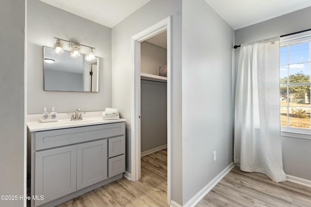 bathroom with vanity and wood-type flooring