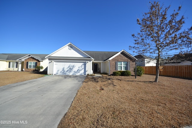 ranch-style house with a garage and a front yard