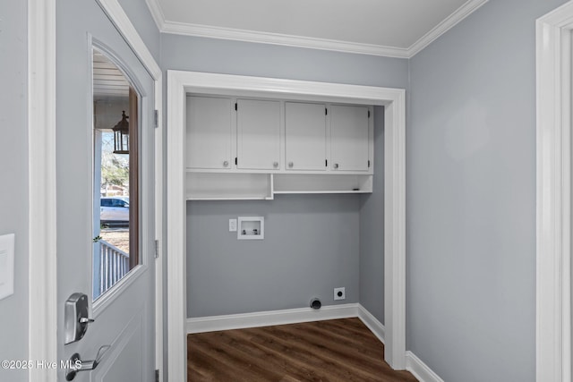 laundry room with washer hookup, cabinet space, dark wood-type flooring, electric dryer hookup, and baseboards