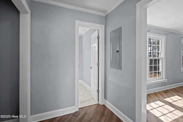 hall with dark wood-type flooring, electric panel, crown molding, and baseboards