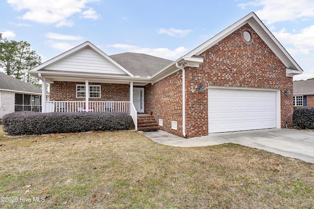 view of front facade featuring covered porch, a garage, and a front lawn