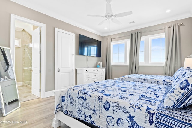 bedroom featuring ensuite bathroom, ceiling fan, ornamental molding, and light hardwood / wood-style floors