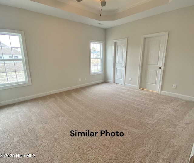 spare room with carpet, a tray ceiling, ceiling fan, and ornamental molding