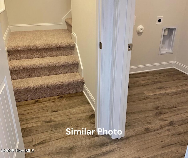 stairway with hardwood / wood-style flooring