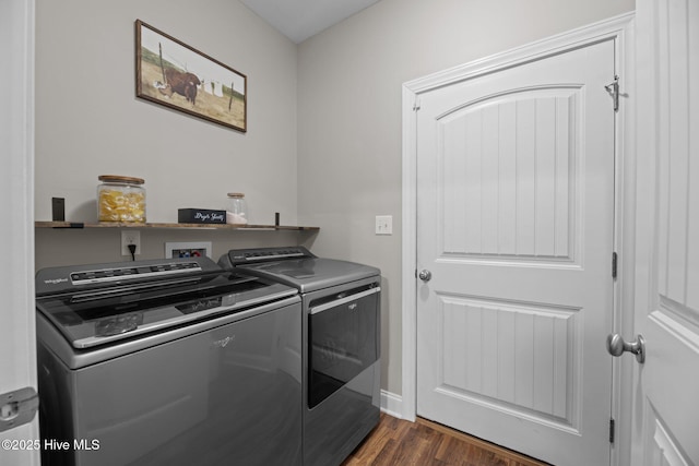 laundry room with separate washer and dryer and dark wood-type flooring