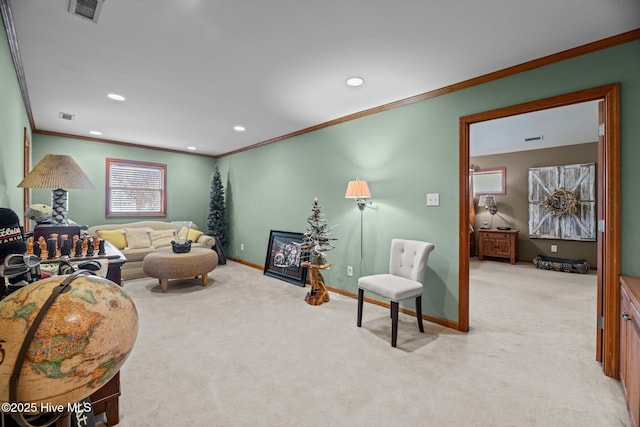 carpeted living room with crown molding