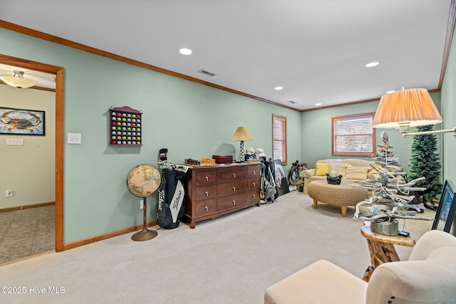 bedroom featuring light carpet and crown molding