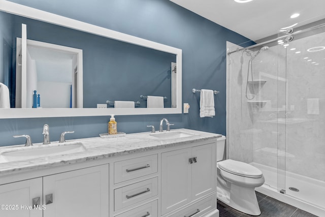 full bathroom featuring a sink, a shower stall, and double vanity