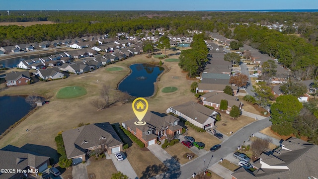 aerial view featuring a residential view and a water view