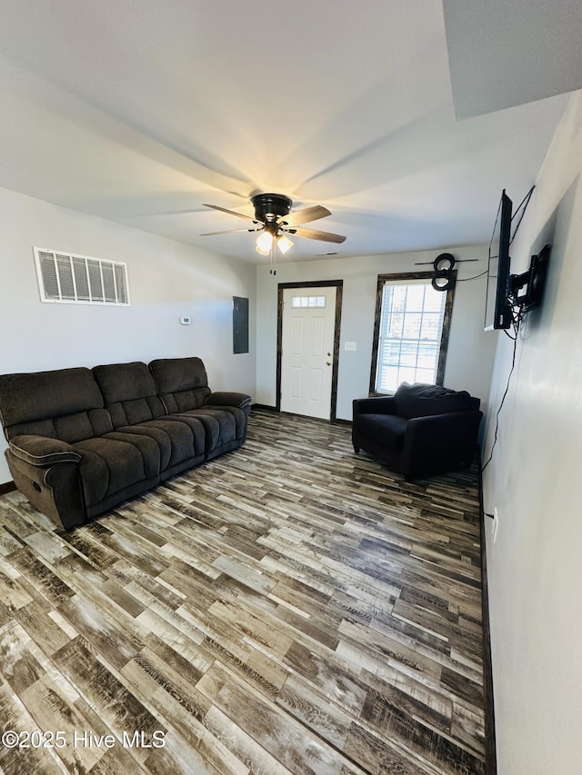 living room featuring ceiling fan and wood-type flooring