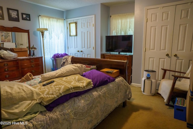 carpeted bedroom featuring multiple closets