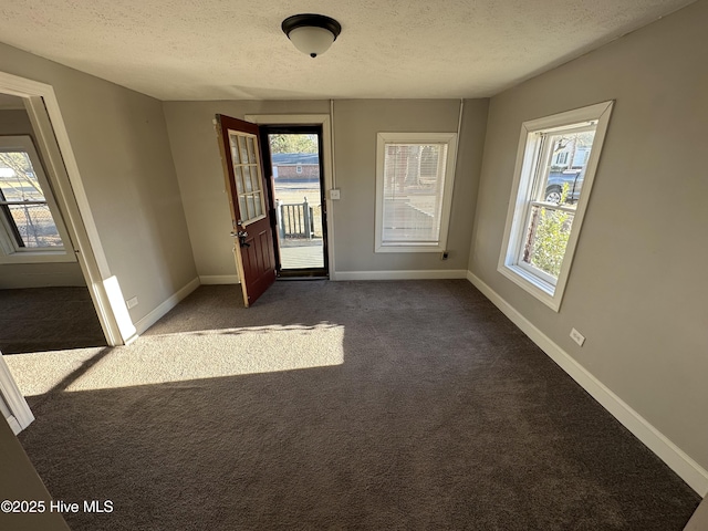 carpeted empty room with a healthy amount of sunlight and a textured ceiling